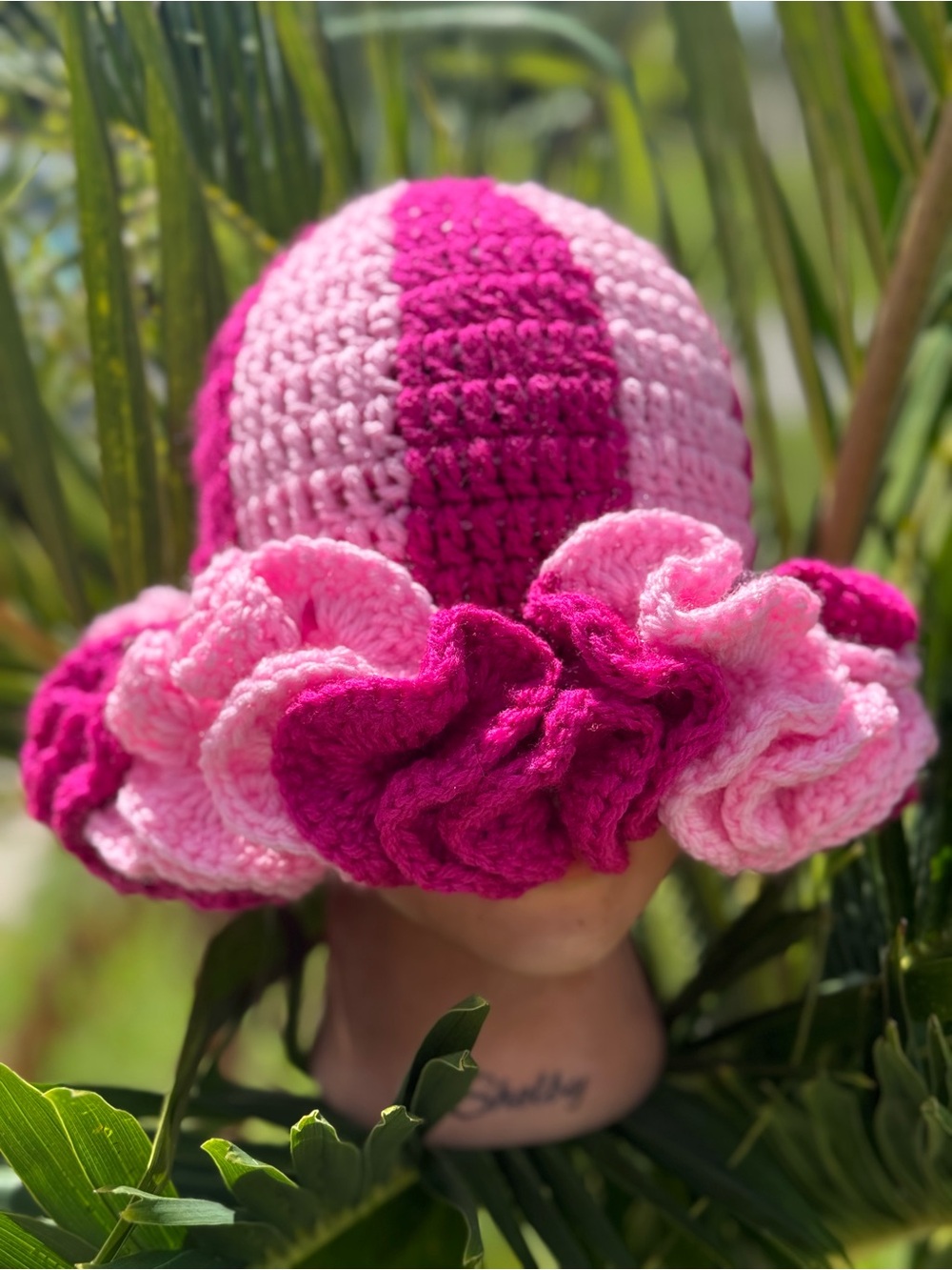 Handcrafted Pink Crochet Ruffle Bucket Hat - Picture 3 of 6